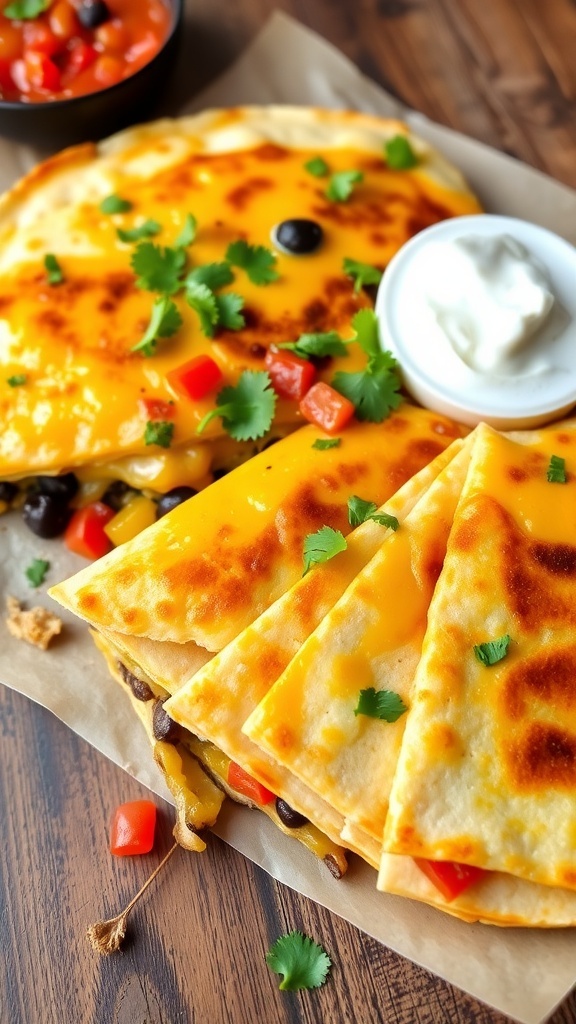 Cheesy casserole quesadilla sliced into wedges, garnished with cilantro, served with sour cream and salsa.